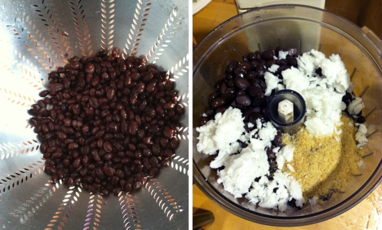 Black beans rinsed. Mixture of coconut oil, flax seed and beans in my food processor. 