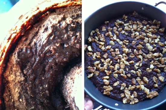 the mixture on the right. Should not be as thick as frosting - maybe just a bit moister. On the right, in the pan and ready to go with walnuts on top. You can add semi sweet chips too. 