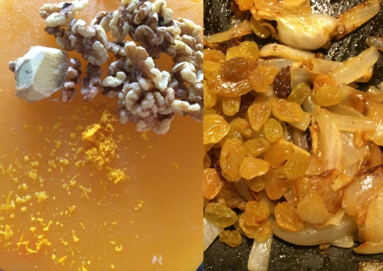Flavors that cooperate: walnuts, ginger, orange zest and juice, raisins, onions, garlic.